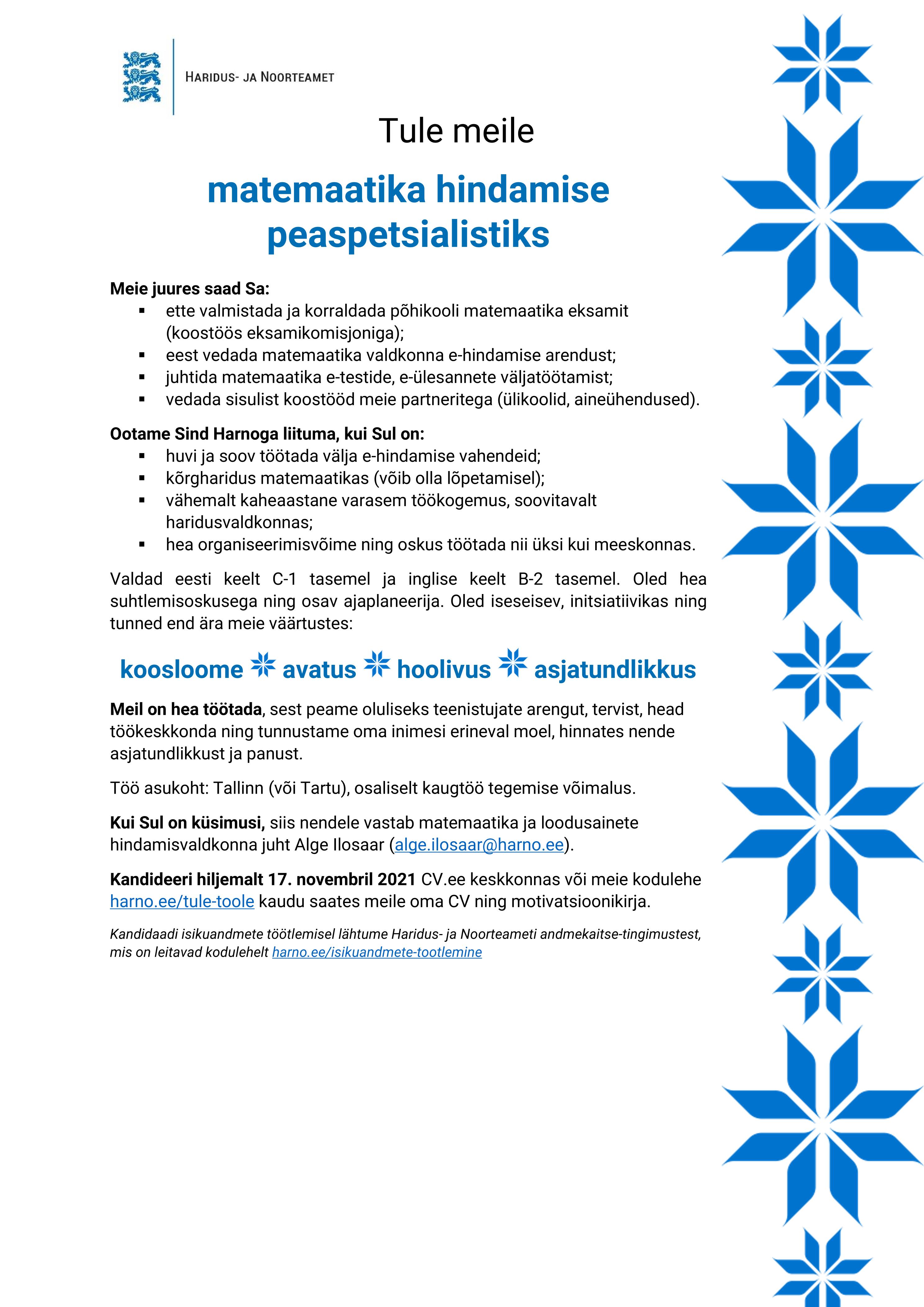 Matemaatika Hindamise Peaspetsialist, Haridus- Ja Noorteamet | CV.ee