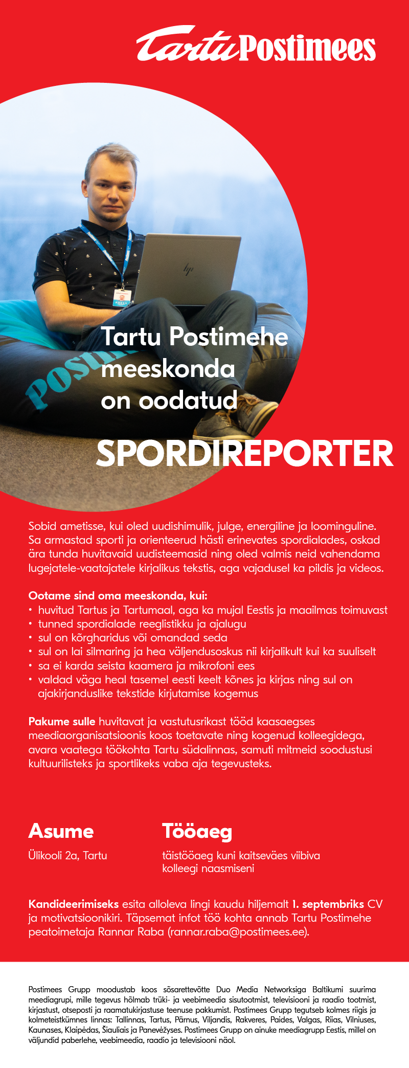 Vacancy - Tartu Postimehe spordireporter, Tartu, Tartumaa, Postimees Grupp  AS | CV-Online