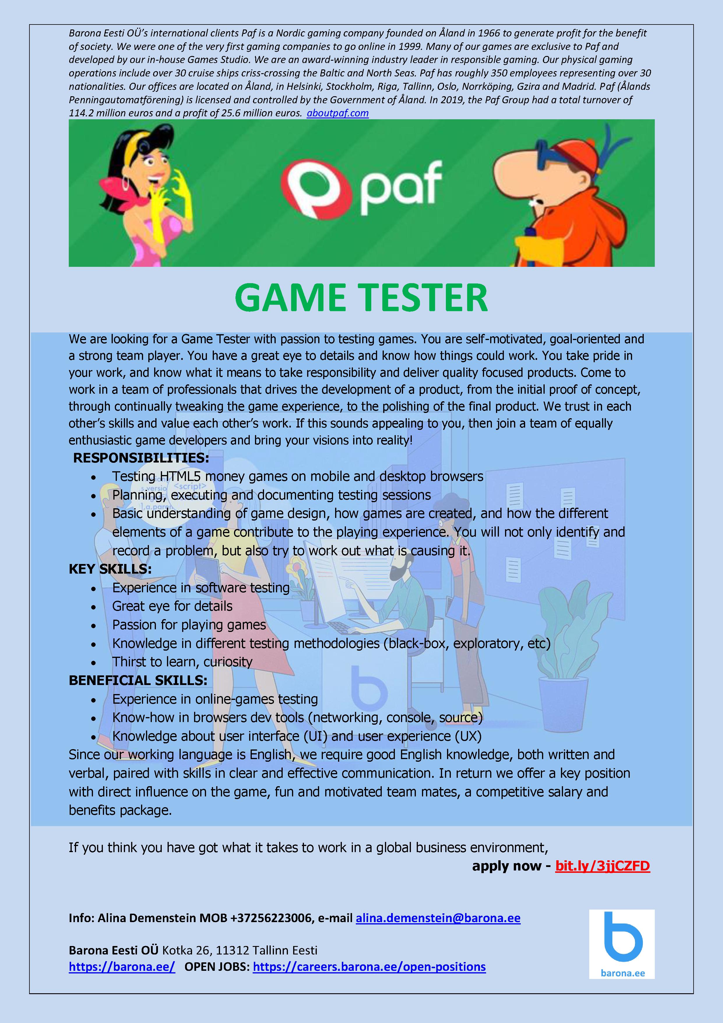 Vacancy - Game Tester - Paf Game Studio, Tallinn, Harjumaa, Barona Eesti OÜ  | CV-Online