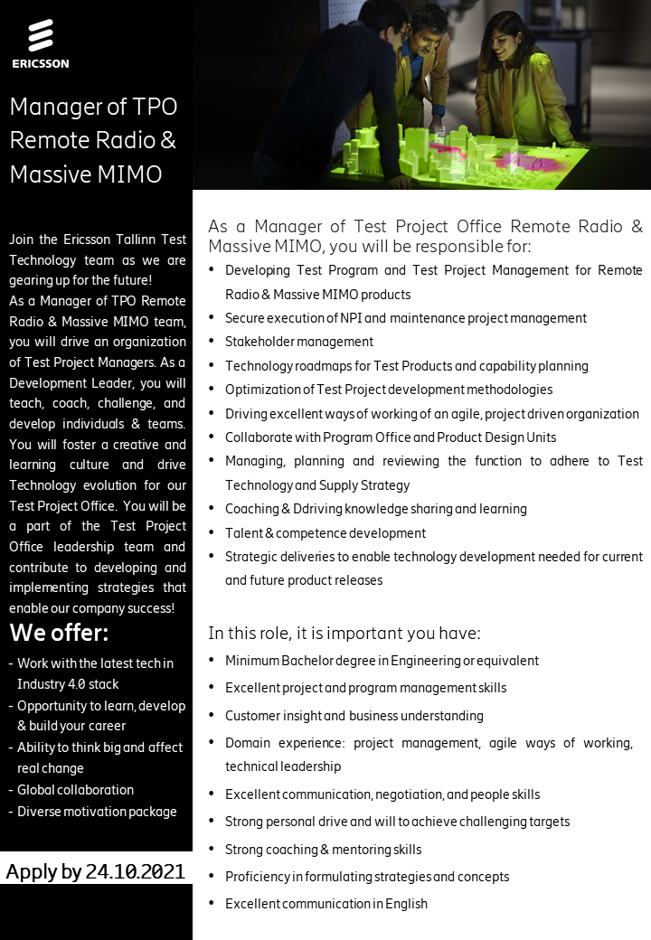 Vacancy - Manager of Test Project Office Remote Radio & Massive MIMO ,  Tallinn, Harjumaa, Ericsson Eesti AS | CV-Online